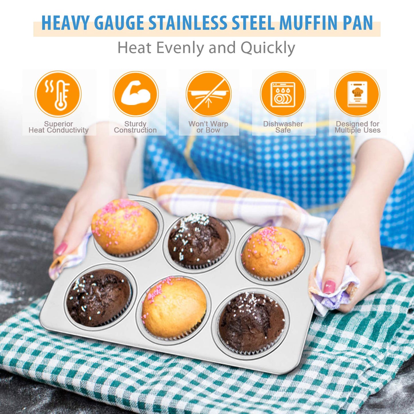E-far Muffin Pan Set of 2, Stainless Steel Muffin Pan Tin for Baking, 6-Cup Metal Cupcake Pan Tray, Non-toxic & Healthy, Oven & Dishwasher Safe, Regular Size - 11.44 x 7.12 x 1.25 Inch