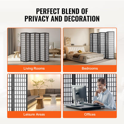 Amacv Room Divider, 6 Panel Japanese Room Divider, Folding Privacy Screen Indoor, Portable Partition Dividers and Decoration Screens, for Room Separation, Home, Office, Restaurant & Bedroom (Black)
