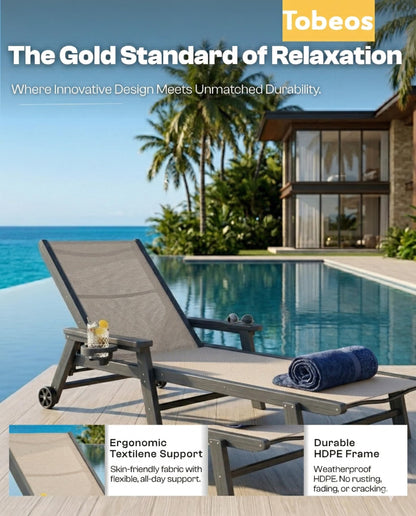 Tobeos Patio Chaise Lounge Chairs with Wheels & Cup Holder, All-Weather HDPE & Textilene Outdoor Pool Lounge Chairs, Grey Frame, Khaki Textilene, Set of 2