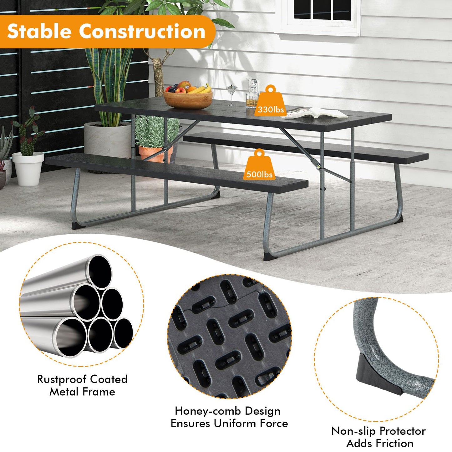 Tangkula 6 Ft Folding Picnic Table, Outdoor 8 Person Large Picnic Table Set with 2 Built-in Benches, Umbrella Hole, Metal Frame & HDPE Tabletop for Garden, Backyard (Black)