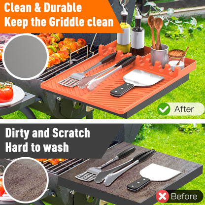 Silicone Grill Mat Compatible with Blackstone, BBQ Griddle Tools Mat with Drip Pad, Spatula Mat for Outdoor Kitchen Counter, Gifts for Men (Orange)