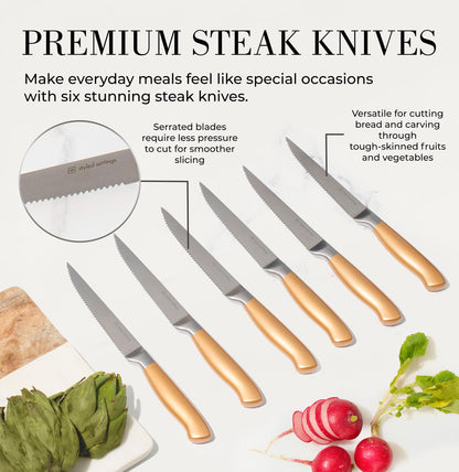 Black and Gold Knife Set for Kitchen with Block – 14-Piece Ultra-Sharp Stainless Steel Knives with Gold Handles and Built-In Sharpener – Stylish Kitchen Accessories for Cooking and Decor