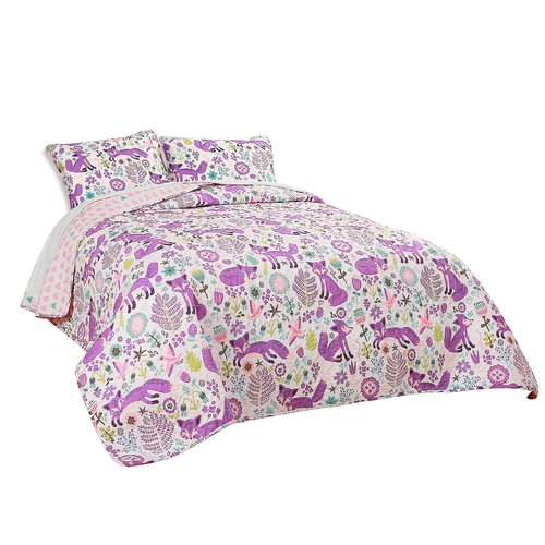 Lush Decor Pixie Fox Reversible Quilt Set, 3 Piece Set, Twin, Purple & Pink - Fun Lightweight Twin Bedding for Kids - Girls Pink Bedroom Decor