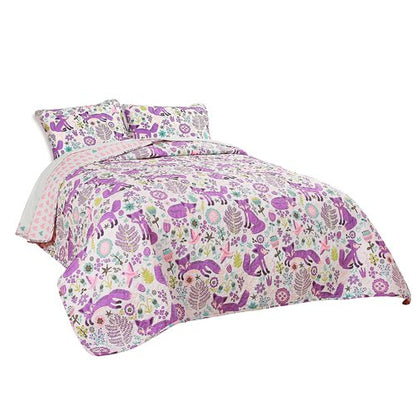 Lush Decor Pixie Fox Reversible Quilt Set, 3 Piece Set, Twin, Purple & Pink - Fun Lightweight Twin Bedding for Kids - Girls Pink Bedroom Decor