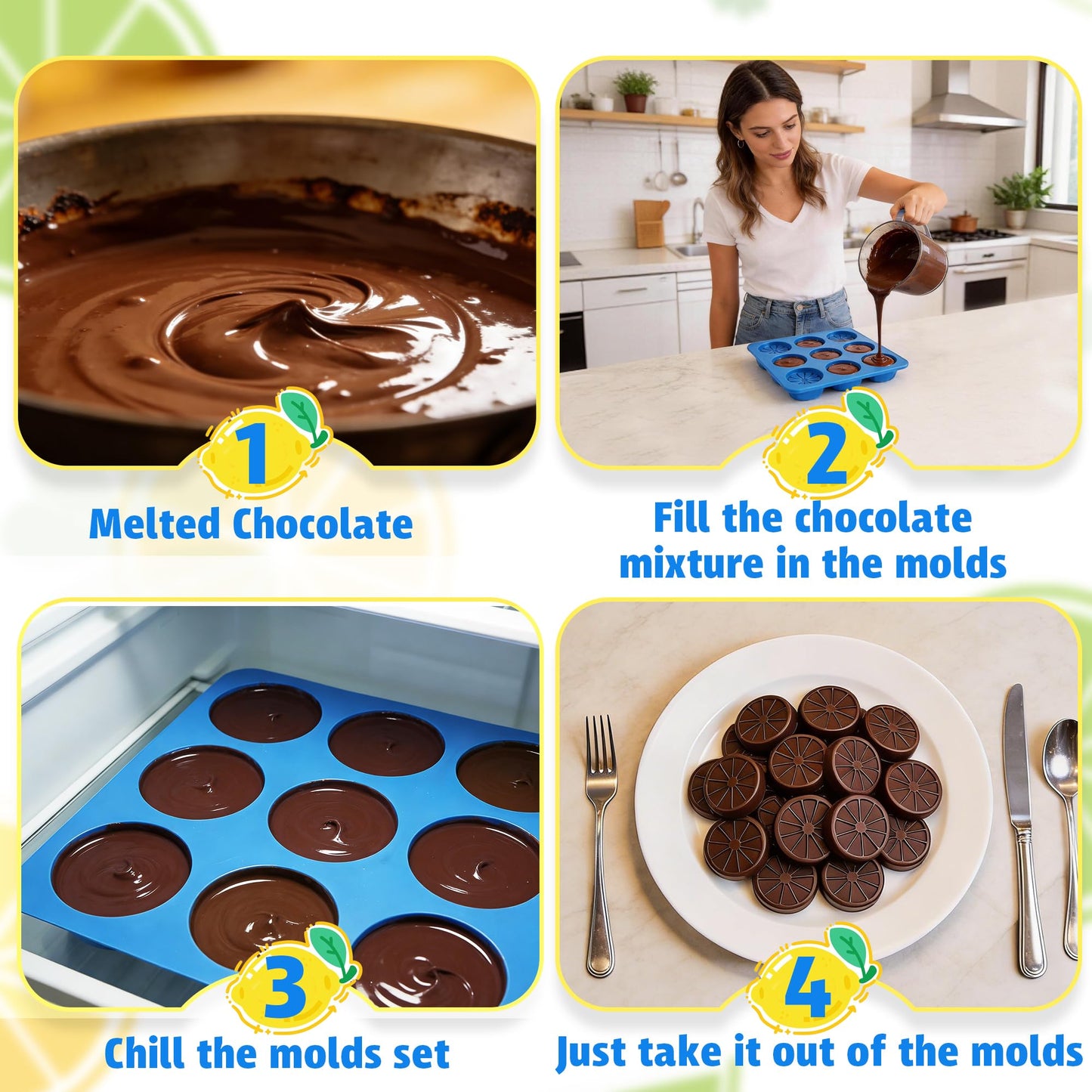Sidosir 2Pcs Lemon Ice Chocolate Silicone Molds, 9 Cavity Non-Sticking Fruit Shaped Silicone Ice Molds for Making Chocolate Cupcake and Jelly, 3D Ice Lemon Mold for Daily Baking, Ice and Candy Making