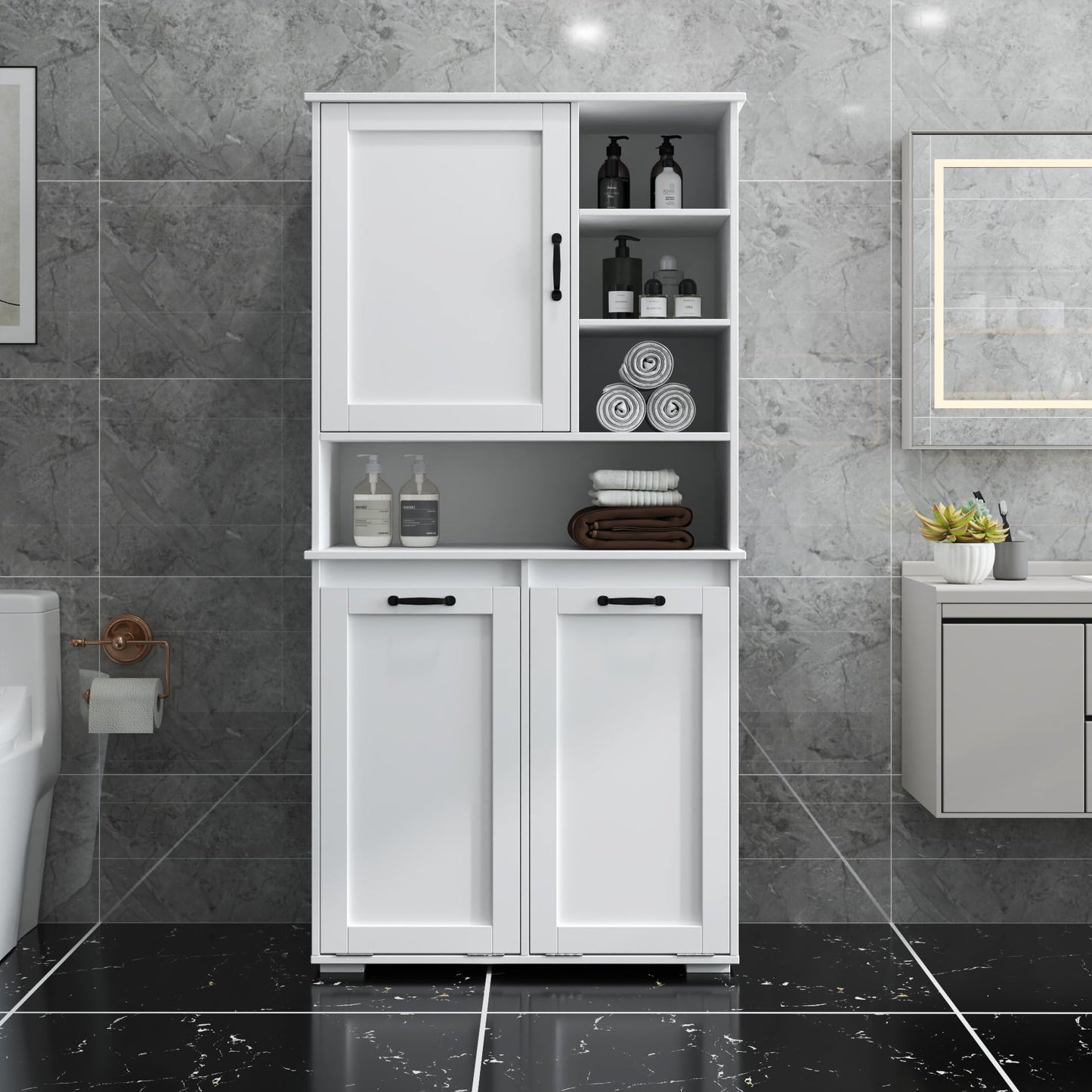 KEIKI 62.99'' H Laundry Cabinet with Doors and shelf, Tilt-Out Laundry Hamper, Multiple Storage Space, Freestanding Style, Open Shelve, Adjustable Shelf, White, (Style C)