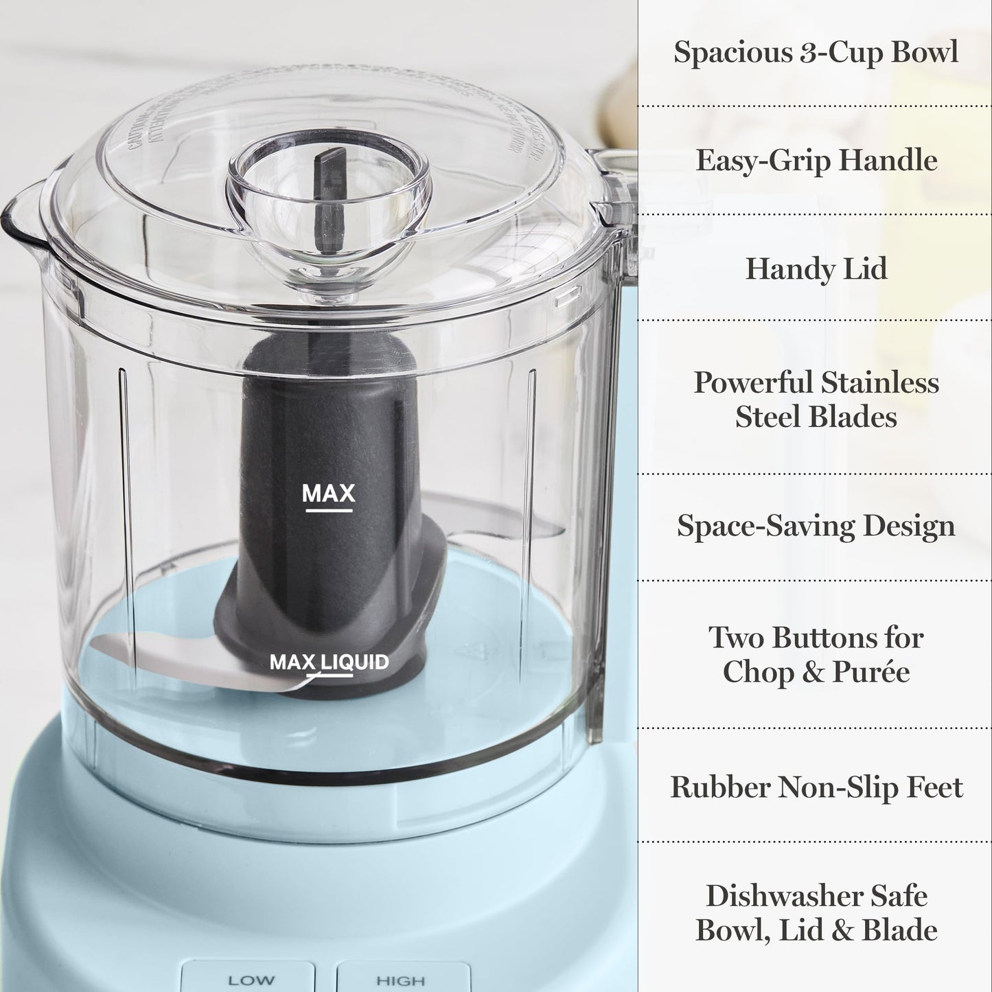 Martha Stewart 3 Cup Food Processor, Electric Vegetable Chopper, Stainless Steel Blades, 24oz BPA-Free Bowl, Pour Spout, Dicing, Mincing, Chop & Puree, Dishwasher Safe, Oil Chute, Easy-Clean, Sky Blue