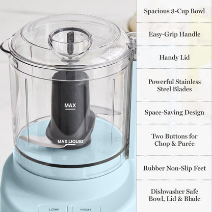 Martha Stewart 3 Cup Food Processor, Electric Vegetable Chopper, Stainless Steel Blades, 24oz BPA-Free Bowl, Pour Spout, Dicing, Mincing, Chop & Puree, Dishwasher Safe, Oil Chute, Easy-Clean, Sky Blue