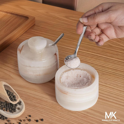 Spoon3 Inch Countertop Salt Cellar with Lid and White Onyx Salt and Pepper Dish, Marble Sugar and Salt Bowls, Ideal
