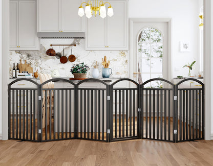 THKKY Folding No-Assembly Freestanding Dog Gate with Door,32" Heights Foldable Pet Fence,144" Extra Wide Accordion Puppy Folding Playpen for Doorways,House,Stairs (6 Panels,Black)
