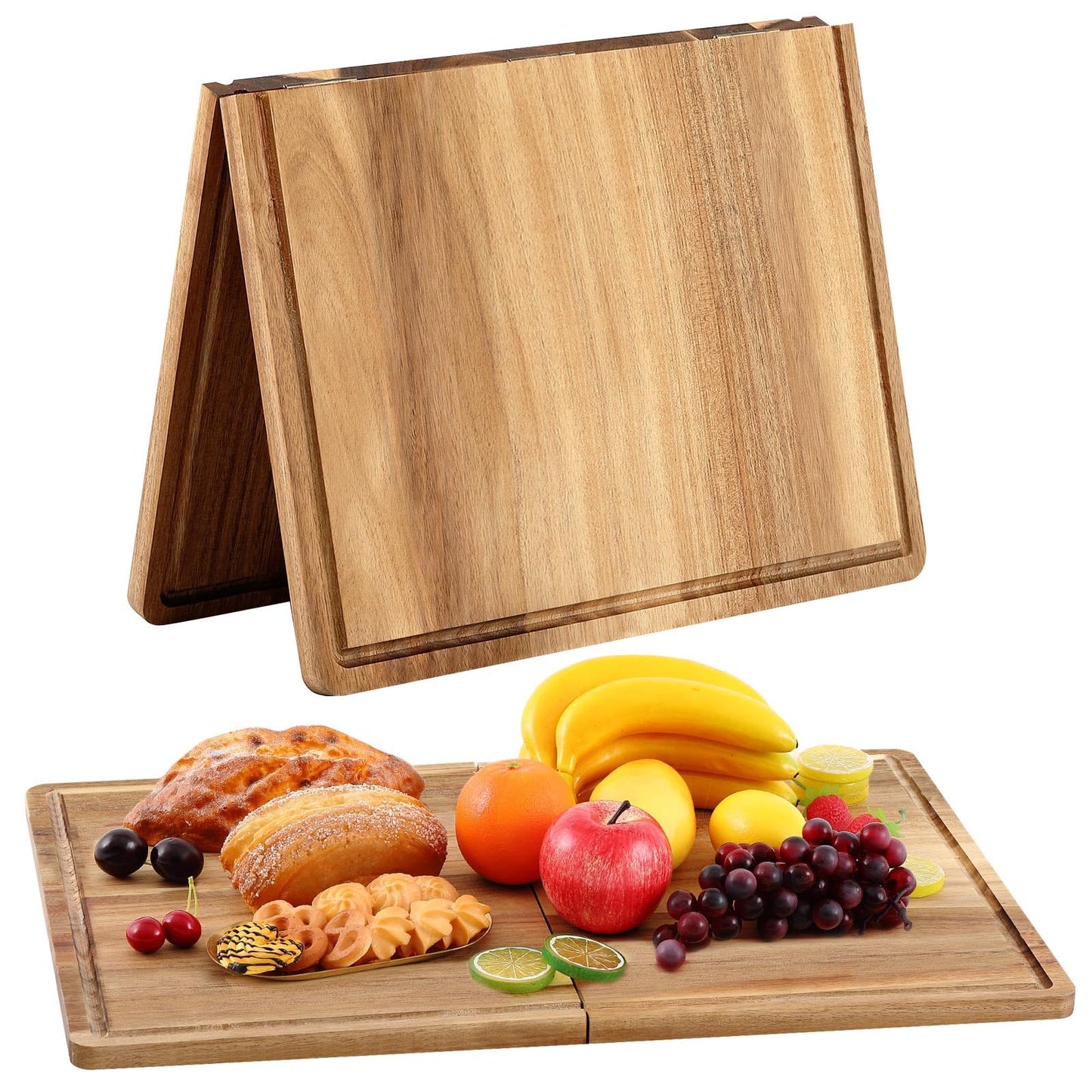 Teenyyou Acacia Wood Cutting Boards for Kitchen Wooden Cutting Board with Juice Groove Extra Large Serving Platter Carving Tray for Meat Cheese(Brown,24 x 16 Inch,Foldable)