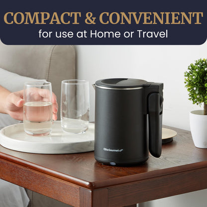 Elite Gourmet Dual Voltage 120-230V, Travel Double Wall Insulated Cool-Touch, 0.6L Electric Kettle Stainless Steel Interior, Hinged-Locking Lid, Auto Shut-Off, Boil Dry Protection, Black