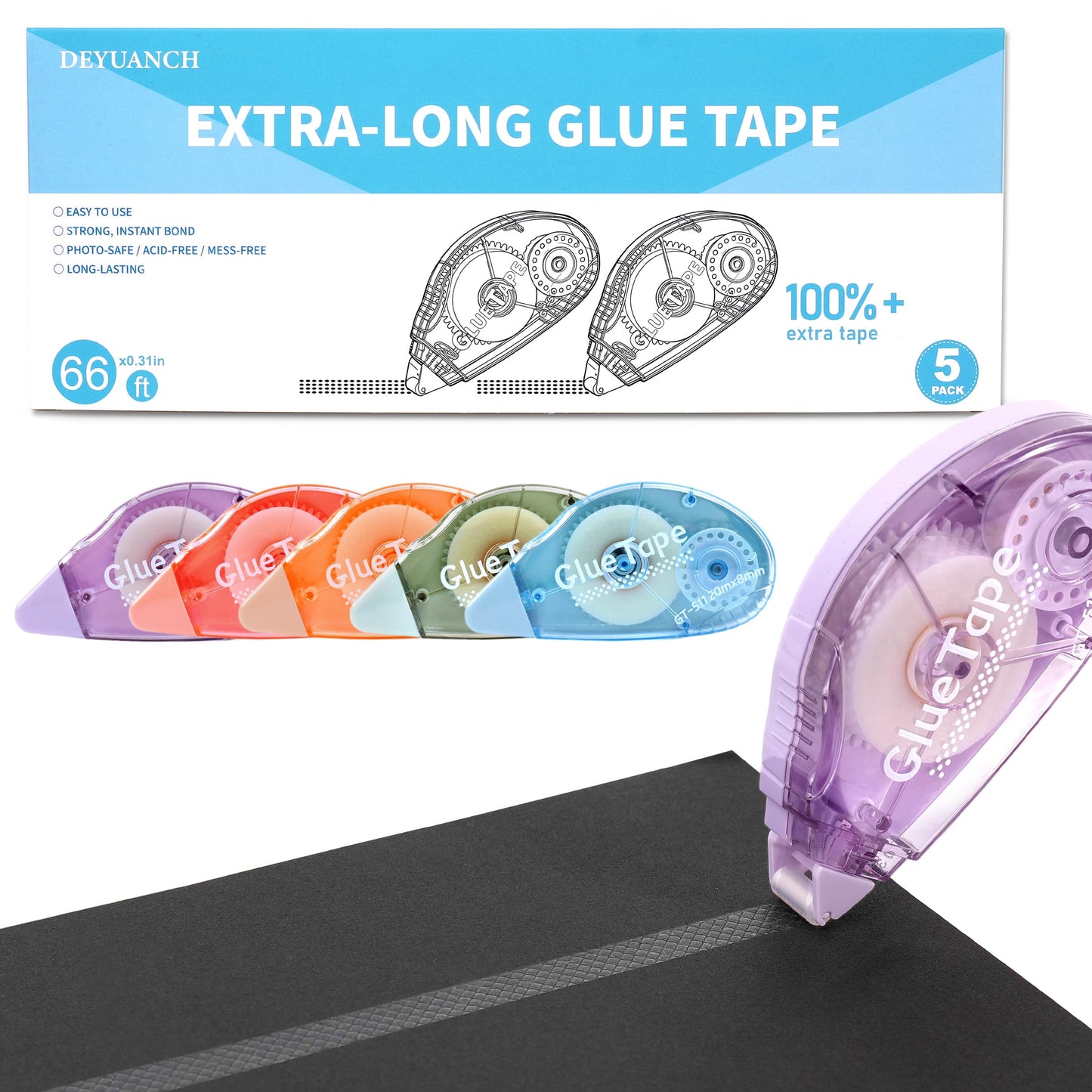 DEYUANCH 65.62 ft Extra-Long Glue Tape, 0.31 in Wide Scrapbook Tape, 5-Pack, Photo-Safe Acid-Free Double Sided Tape for Crafts, Scrapbook and Junk Journal Supplies (Multicolor)