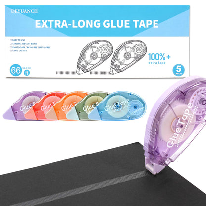 DEYUANCH 65.62 ft Extra-Long Glue Tape, 0.31 in Wide Scrapbook Tape, 5-Pack, Photo-Safe Acid-Free Double Sided Tape for Crafts, Scrapbook and Junk Journal Supplies (Multicolor)