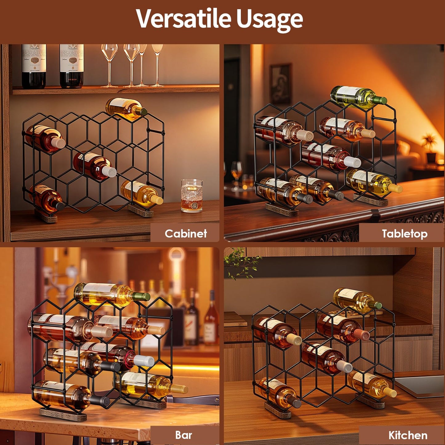 Nuovoware Countertop Wine Rack, 14-Bottle Freestanding Modern Carbon Steel Holder Hexagonal Structure, 3 Tier Tabletop Wine Bottle Organizer Storage for Cabinet, Pantry, Black+Retro Brown