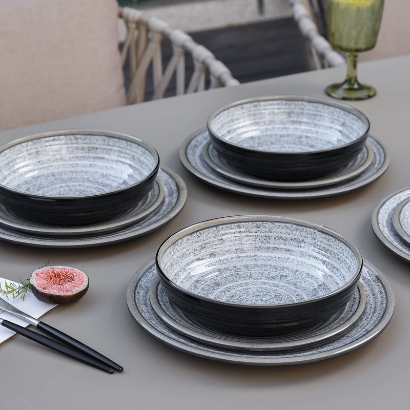 Melamine Dinnerware Sets 12 PCS - Service for 4 Plates & Bowls Sets Dishwasher Top-Shelf Safe, BPA Free Dinner Dishes Set for Everyday Use-Granite Pattern Black Back