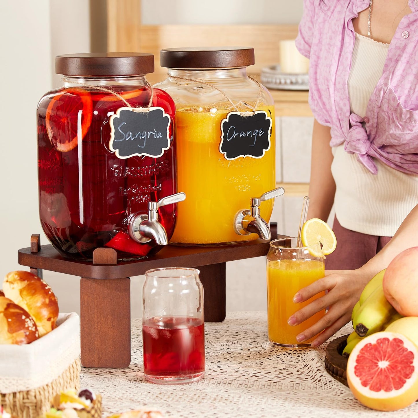2PCS Large Drink Dispensers for Parties,Glass Beverage Dispenser with Wood Stand,Lemonade Drink Dispenser with Stainless Steel Spigot for Fridge,Water, Juice,Punch,Cocktails,Ice Tea & Sun Tea