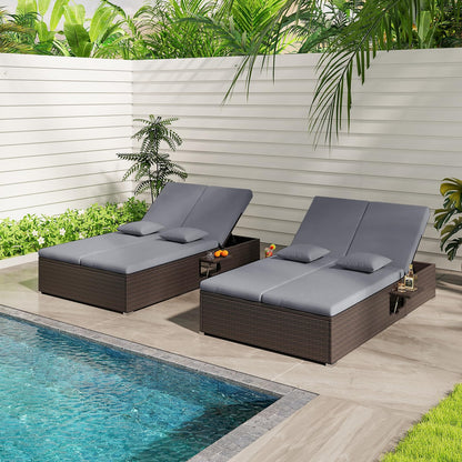 Tangkula Outdoor Rattan Daybed with 6-Level Adjustable Backrests, 2-Person Adjustable Wicker Recliner Bed with Cushions & Folding Side Trays, Double Sunbed Lounger for Balcony, Backyard & Poolside