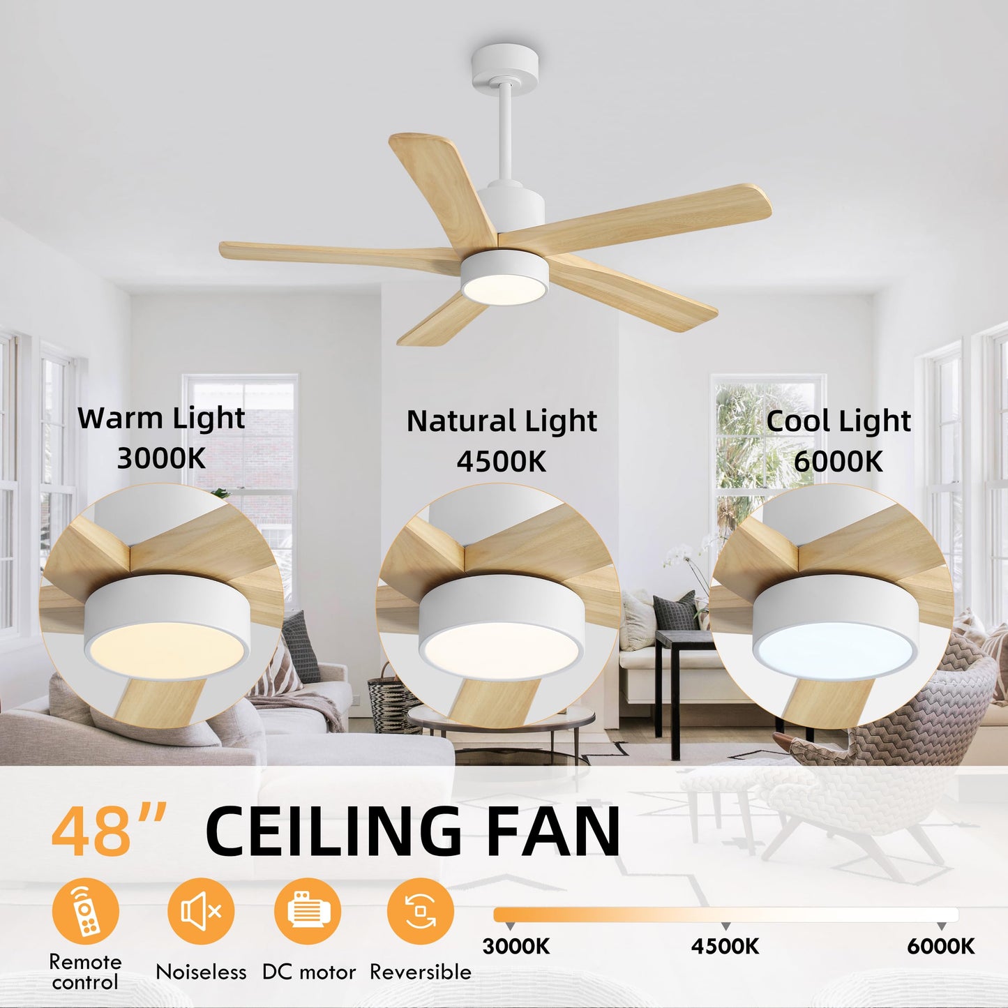 WINGBO 48 Inch DC Ceiling Fan with Lights and Remote Control, 5 Carved Solid Wood Blades, 6-Speed Noiseless Reversible DC Motor, Indoor Ceiling Fan in Gloss White Finish with Oak Blades