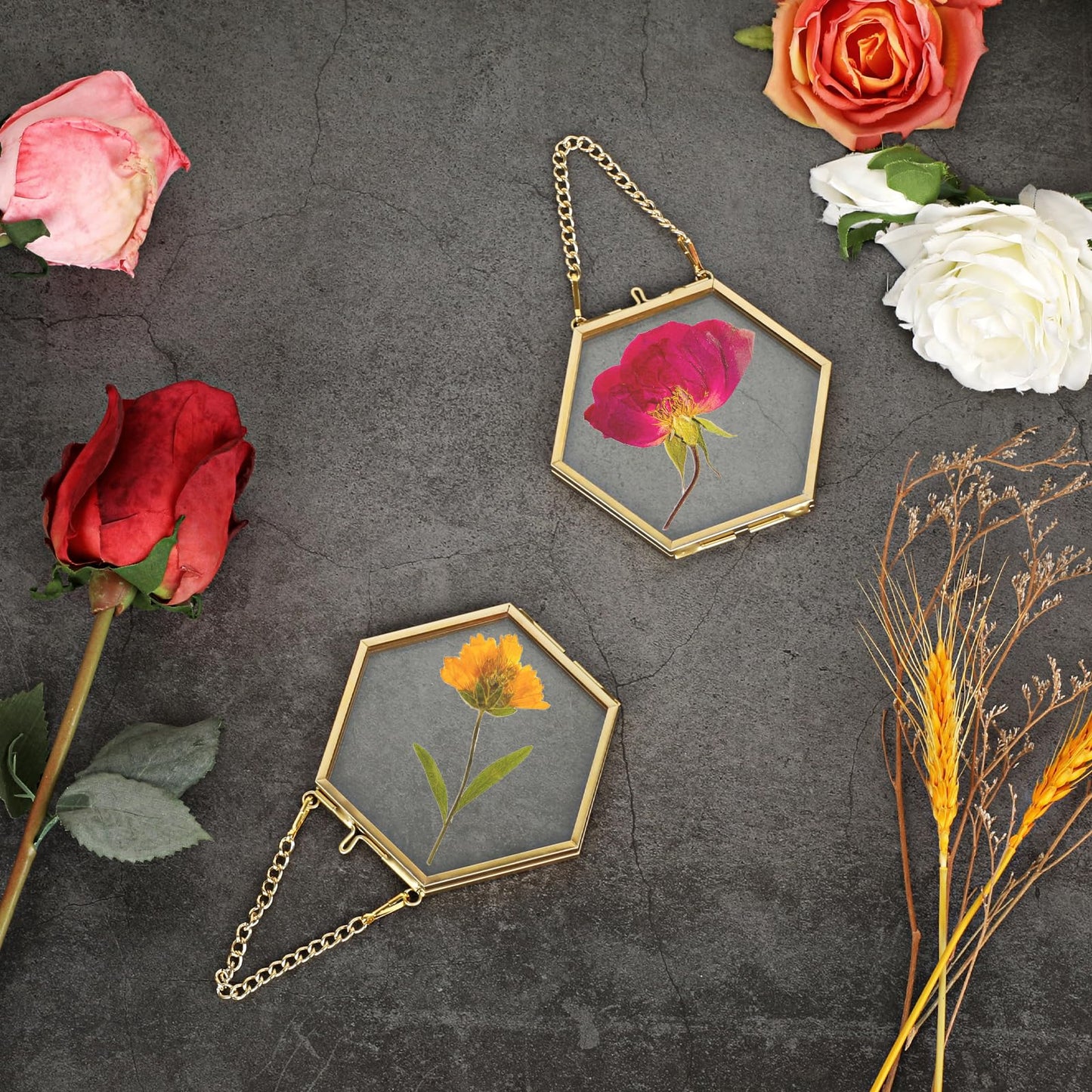 JUXYES 4 Pack Hexagon Mini Wall Hanging Brass Frames for Pressed Flowers, Double Glass Hanging Picture Artwork Display Frame, Gold Floating Style Gallery Wall Frame for Picture, Poster, etc