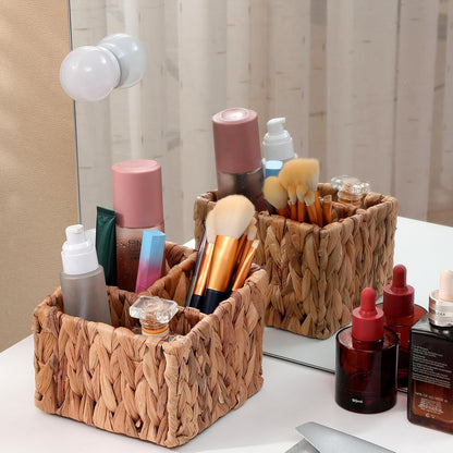 Wicker Remote Control Holder, Hand Woven Desk Organizer with 3 Compartments for Desktop Storage