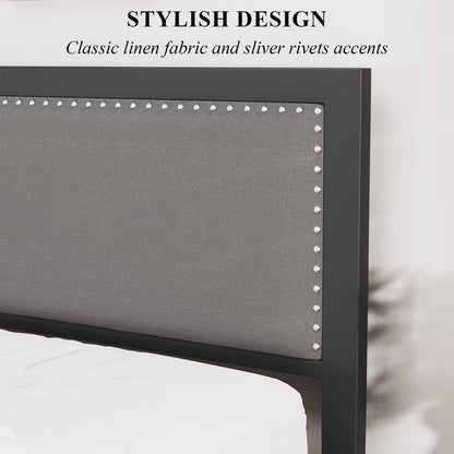 VECELO Twin Size Bed Frame with Upholstered Headboard, Heavy-Duty Platform with Strong Steel Slats, No Box Spring Needed, Easy Assembly, Black&Grey