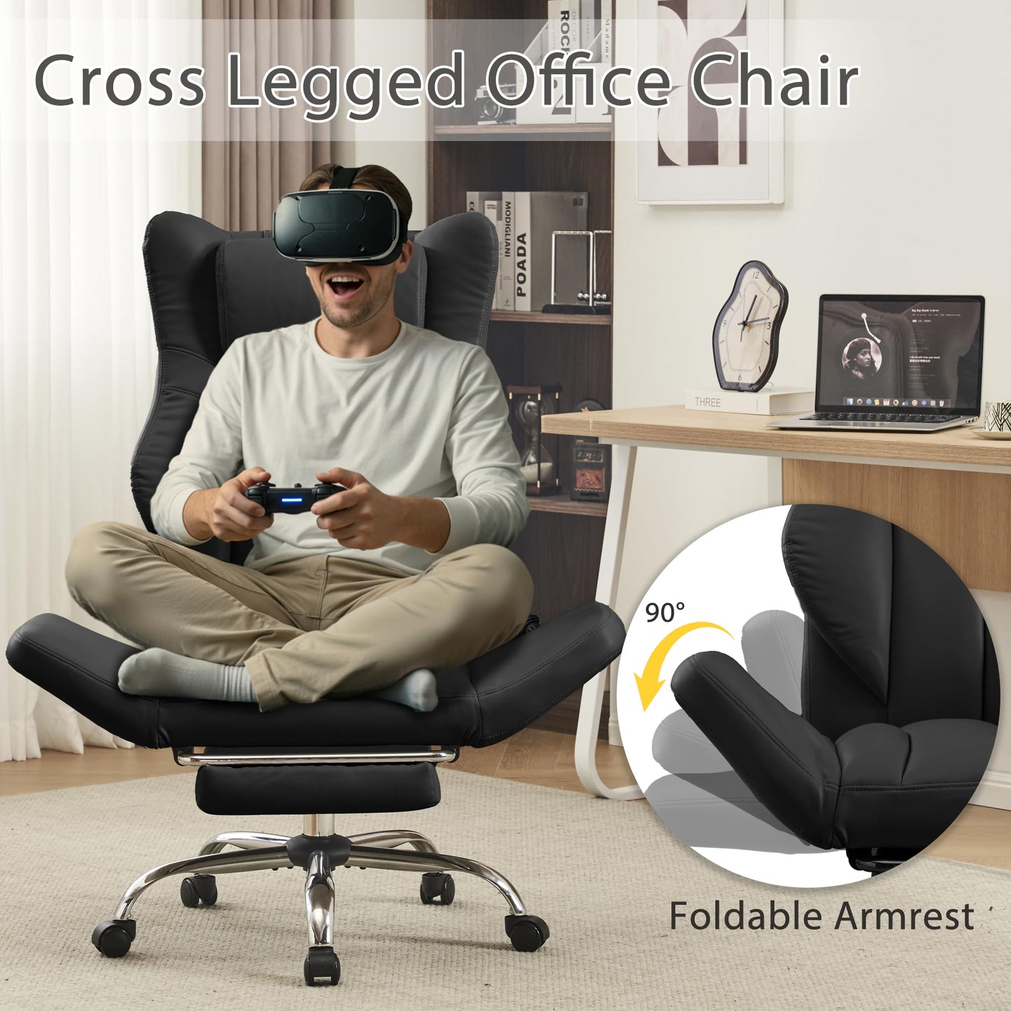 Ergonomic Cloud Cross Legged Office Chair with Footrest,Leather Big and Tall Executive Chair with Wheels,Reversible Armrest,155° Reclining Computer Wide Desk Chair for Home,Office (Black)