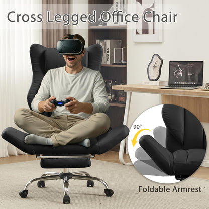 Ergonomic Cloud Cross Legged Office Chair with Footrest,Leather Big and Tall Executive Chair with Wheels,Reversible Armrest,155° Reclining Computer Wide Desk Chair for Home,Office (Black)