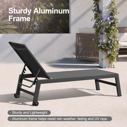 PURPLE LEAF Outdoor Chaise Lounge with Wheels for Outside 2 Pieces Aluminum Patio Lounge Chair with 5 Adjustable Position Sunbathing for Patio, Beach, Yard, Pool, Side Table Included, Grey