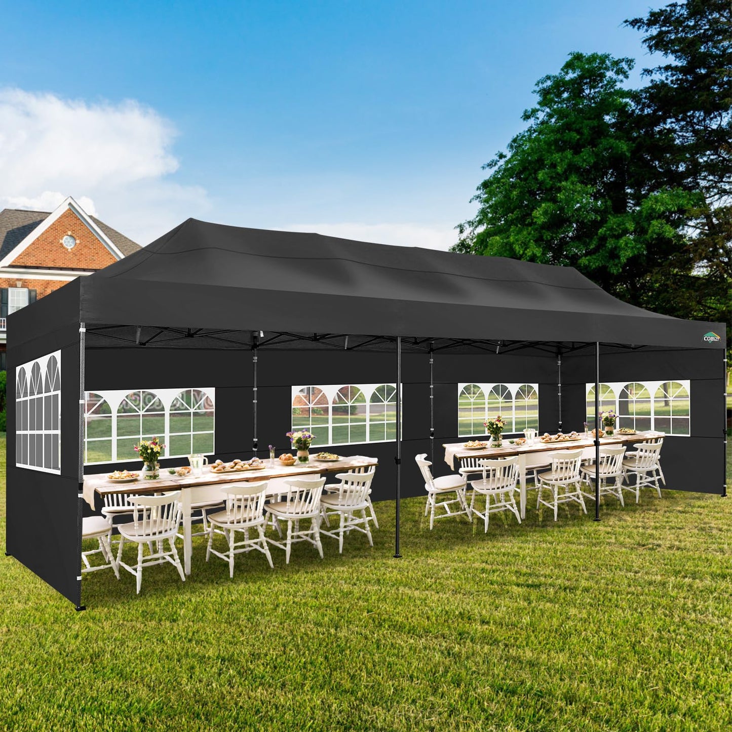 COBIZI 10x30 Pop up Canopy with 8 Removeable Sidewalls, Heavy Duty Party Tents for Parties, Events and Weddings, UPF 50+ Waterproof Commercial Tent with Roller Bag, Black (Windproof Upgraded)