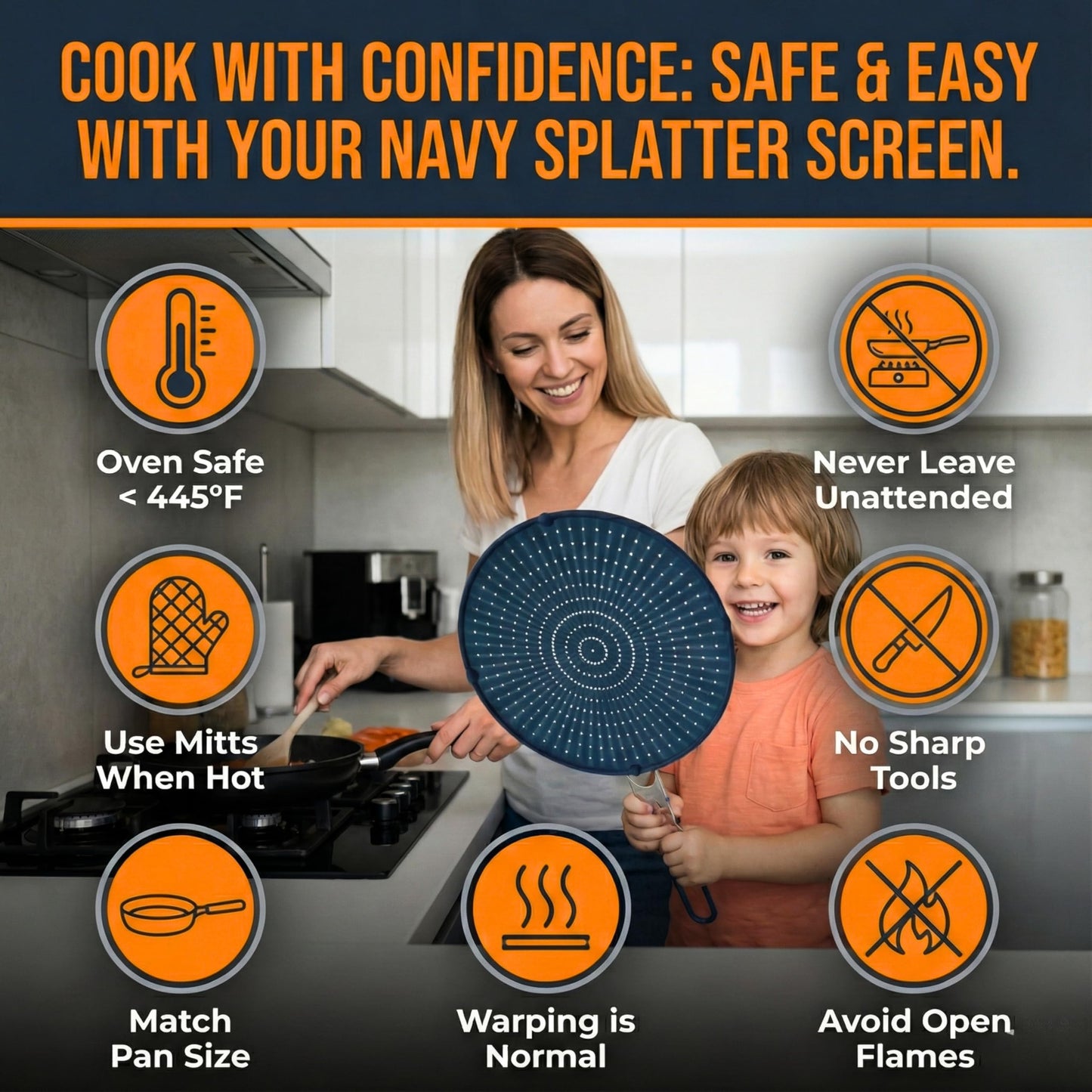 Silicone Splatter Screen for Frying Pan, 13” Navy – Grease & Oil Splatter Guard, Heat Resistant, Dishwasher Safe, Foldable Handle with Sleeves – Splash Guard Fits 10–12” Pans, Most 13” Skillets