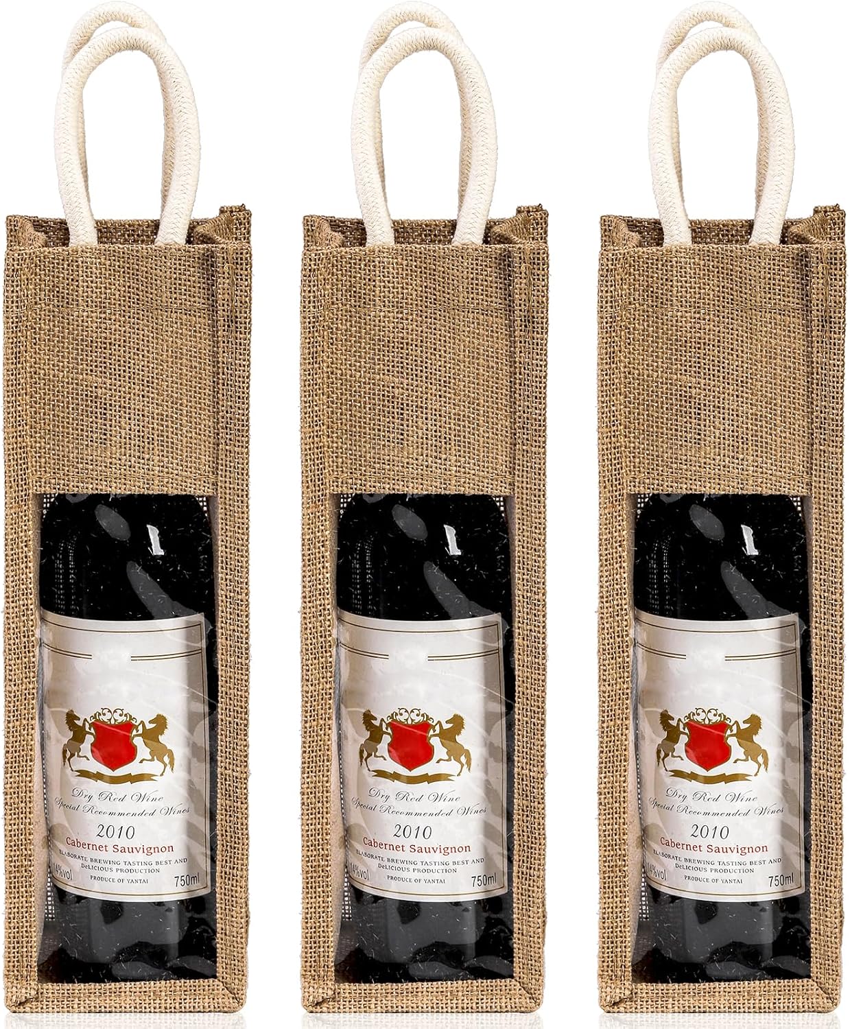 Peohud 3 Pack Burlap Wine Bottle Bags, Jute Gift Bags with Window and Handle for Wedding, Birthday, Christmas