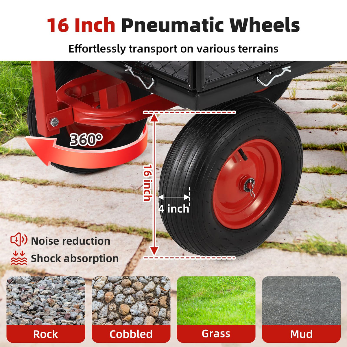 1400 lbs Steel Garden Cart, Heavy Duty Metal Yard Utility Wagon with Removable Mesh Sides, 2-in-1 180° Rotating Handle and 16 inch Wheels, Steel Utility Wagon Perfect for Garden, Farm, Yard