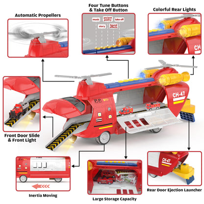 Transport Airplane Toy with 7 Rescue Vehicles/helicopter,1 Play Mat,14 Road Signs,Dual Form Airplane Toy Set with Lights and Sounds,Automatic Propellers, Cars Ejection, Gift for Boys and Girls Age 3+