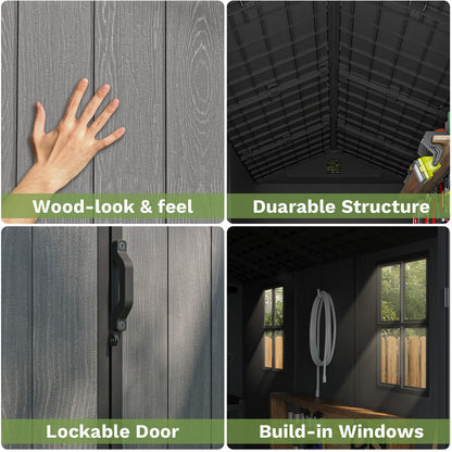 Patiowell 4x8 FT Plastic Outdoor Storage Shed with Floor, Garden Tool Shed with Two Windows and Single Lockable Door for Garden, Backyard, Lawn, Easy to Install, Dark Grey