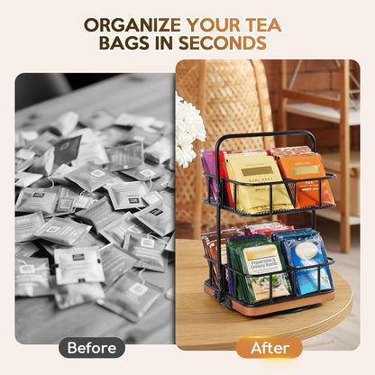 2 8 360 Countertop 100+ Rotating Tea Bag Organizer Tier Basket Spinning Teabag Holder Organizer, Acacia Wood Iron Tea