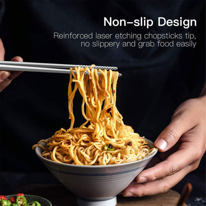 Metal Chopsticks Reusable 18/8 Stainless Steel Chopsticks Multipack Dishwasher Safe Chop Sticks Cute Laser Engraved Non-slip Japanese Korean Chopstick for Cooking Eating 9 1/4 Inches 5 Pairs Gift Set