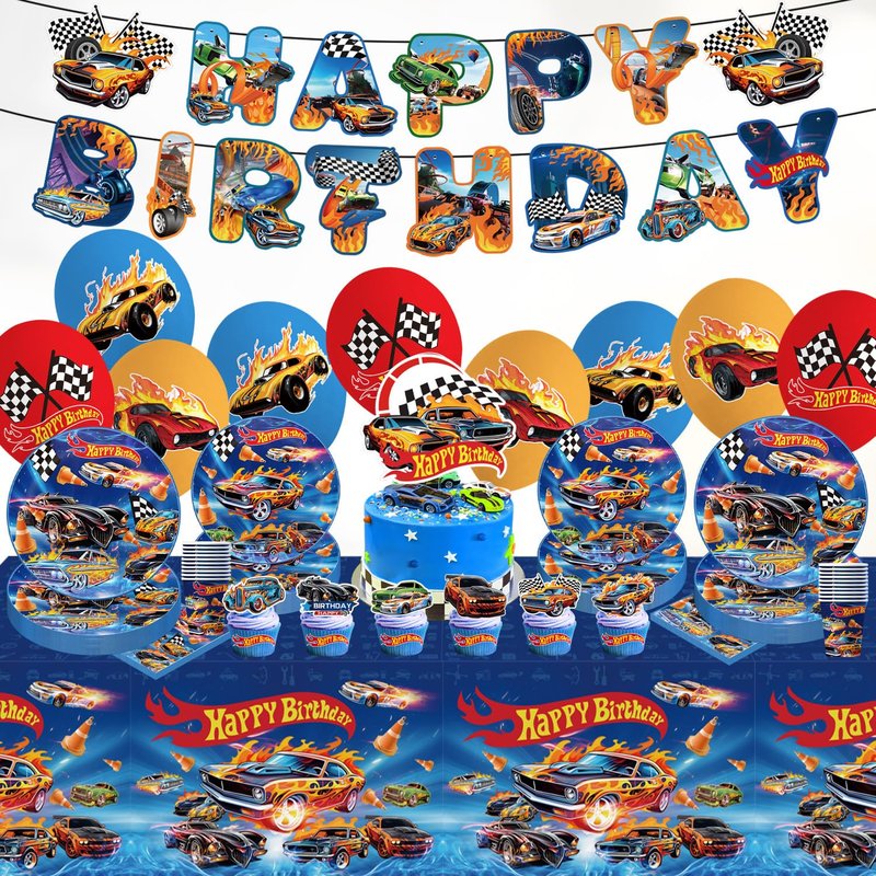 Hot Car Birthday Decorations Tableware 104Pcs Blue Car Themed Party Supplies Include Banner Balloons Plates Napkins Cups Tablecloth Cupcake Toppers and Cake Topper for Birthday Party Decor Sever 20