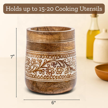 Mie Creations Farmhouse 7'' Large Utensil Holder for Kitchen Counter | Handcrafted Wooden Utensils Crock Cooking Spatula Organizer | Elegant Floral Utensil Caddy, Christmas Thanksgiving Decor- White