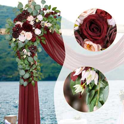 Ponatia Burgundy Wedding Artificial Arch Flowers Kit (Pack of 3) With 26Ft Shiny Arch Draping Fabric for Ceremony and Reception Backdrop Decoration (Burgundy & Blush)