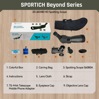 SPORTTICH Beyond 20-60x80 ED Spotting Scope, HD Optical System, Dual Focusing, Fog&Waterproof, Detachable Eyepieces, Smartphone Adapter, for Hunting, Target Shooting, Bird Watching
