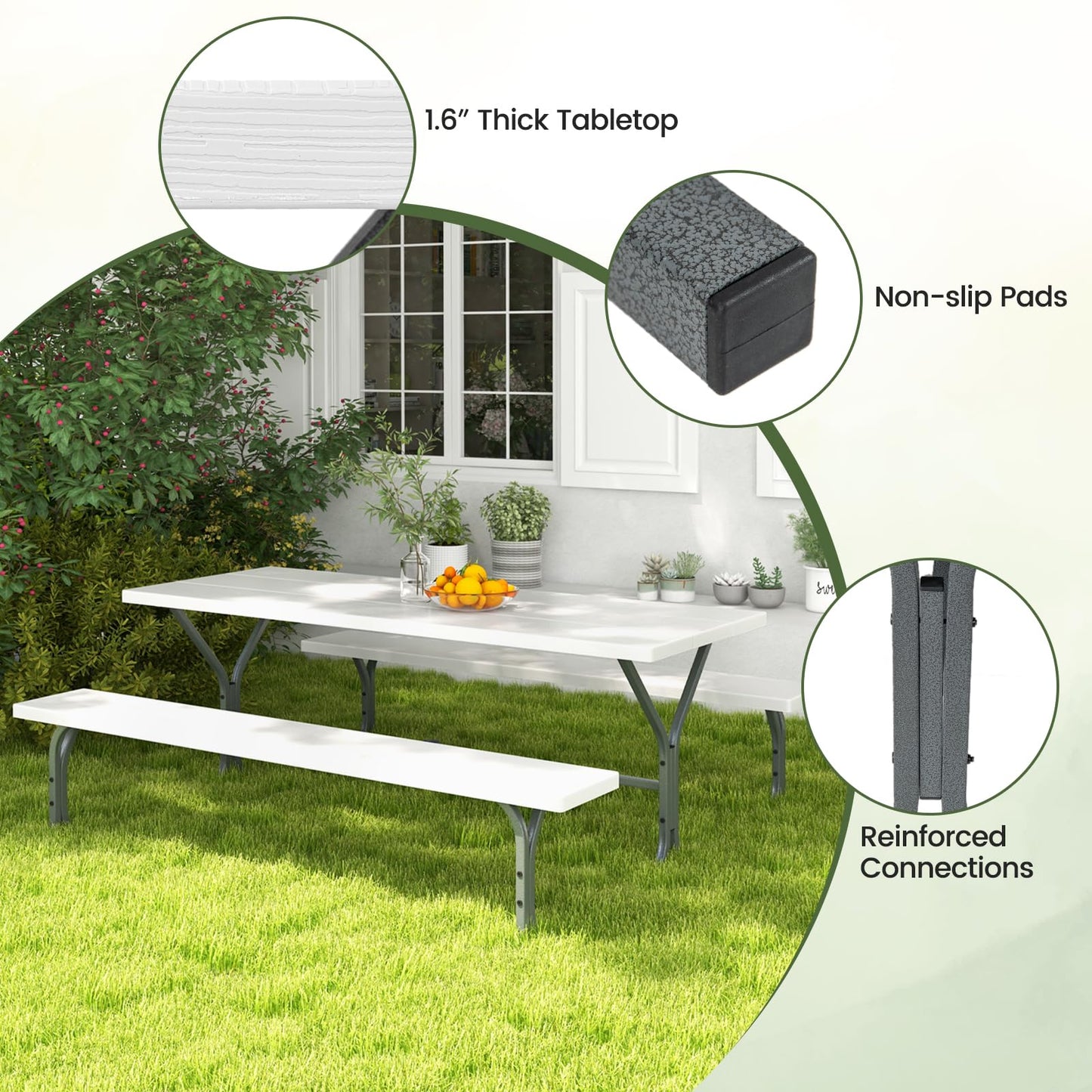 Giantex Picnic Table 6FT for 8 Person, Outdoor Table Set w/ 2 Benches, All-Weather HDPE Rectangular Tabletop, Heavy Duty Metal Legs, Umbrella Hole, for Patio Yard Lawn Party (White)