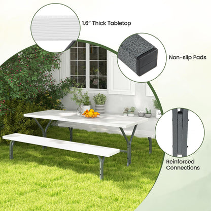 Giantex Picnic Table 6FT for 8 Person, Outdoor Table Set w/ 2 Benches, All-Weather HDPE Rectangular Tabletop, Heavy Duty Metal Legs, Umbrella Hole, for Patio Yard Lawn Party (White)
