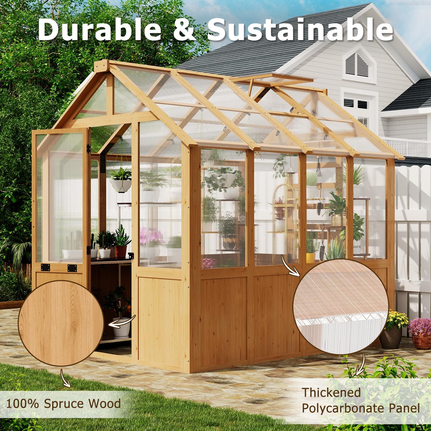 EROMMY 6x8 FT Wooden Greenhouse for Outdoors, Walk-in Greenhouse Kit with 4mm Polycarbonate Panels, Adjustable Roof Vent, Lockable Door, Outdoor Greenhouse for Backyard Garden