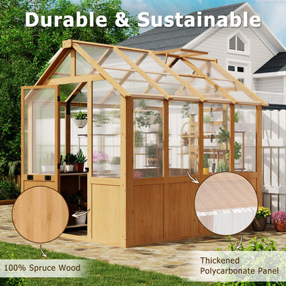 EROMMY 6x8 FT Wooden Greenhouse for Outdoors, Walk-in Greenhouse Kit with 4mm Polycarbonate Panels, Adjustable Roof Vent, Lockable Door, Outdoor Greenhouse for Backyard Garden