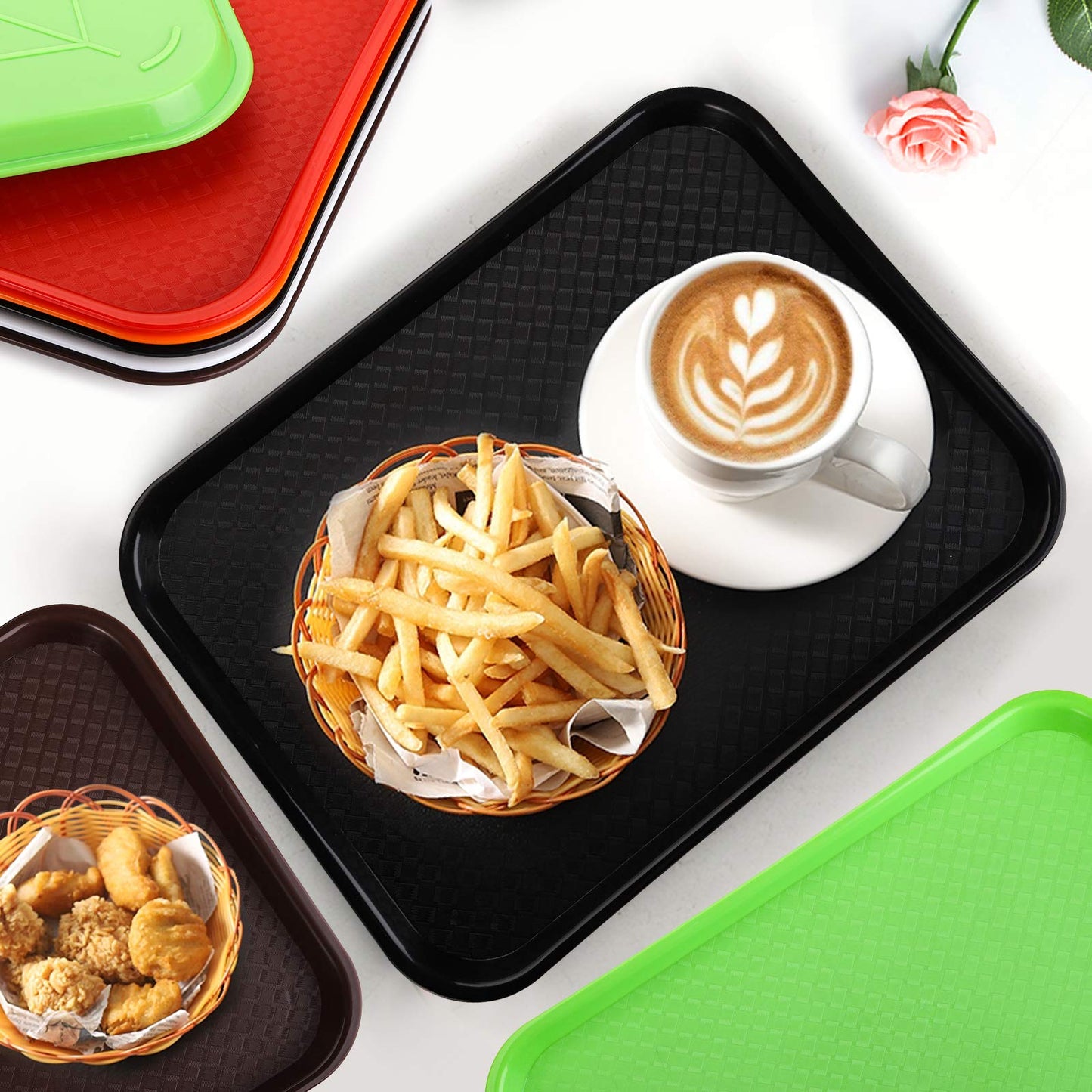 Yarlung 12 Pack Fast Food Tray, 13.7 x 10.5 Inch Plastic Restaurant Serving Tray Cafeteria Trays for Coffee Table, Kitchen, Party, Black