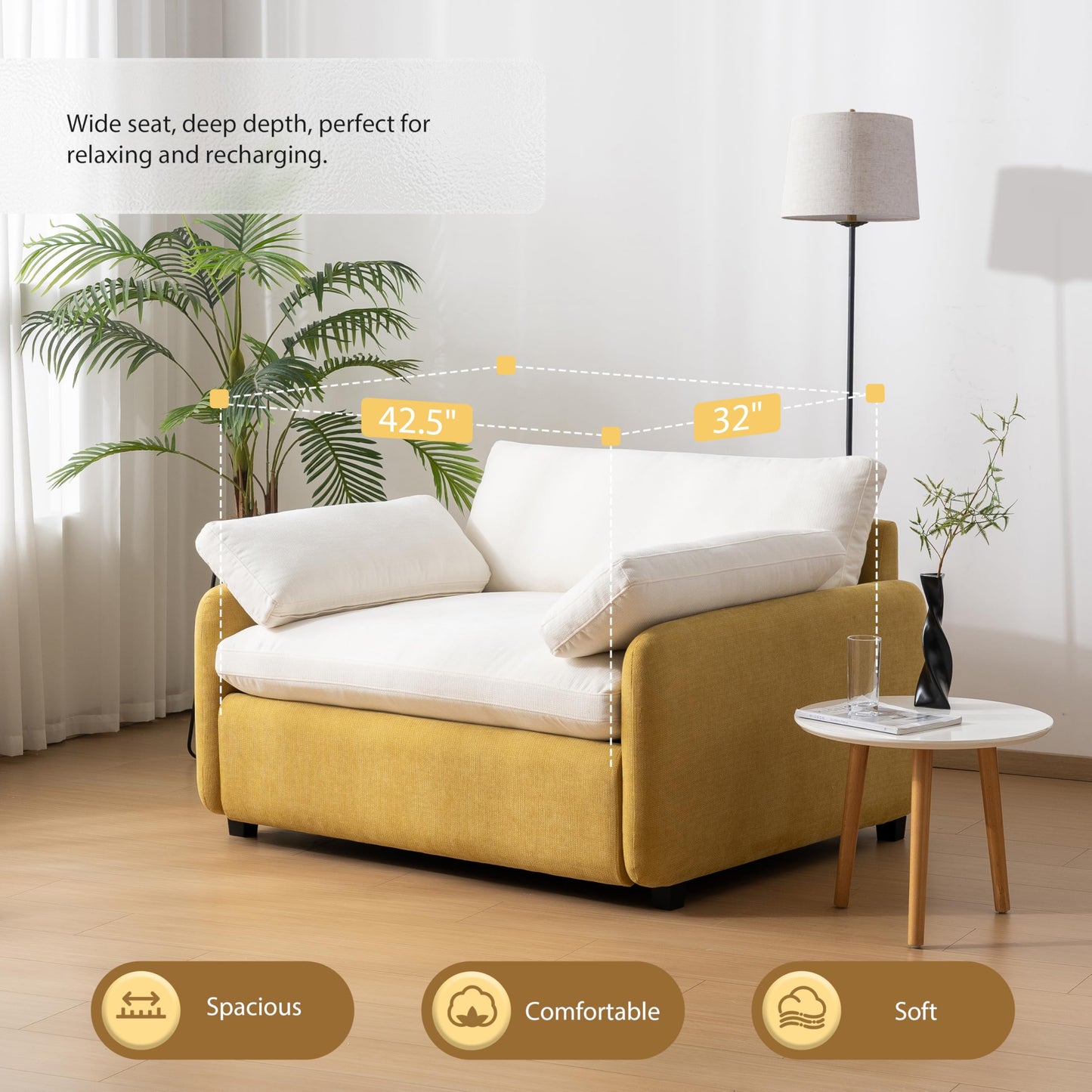 GDFStudio 50" Oversized Accent Chair, Modern Chenille Upholstered Armchair with 2 Pillows & Solid Frame, Deep Wide Seat Cloud Comfy Single Sofa Reading Chair for Living Room Apartment, Yellow+Cream