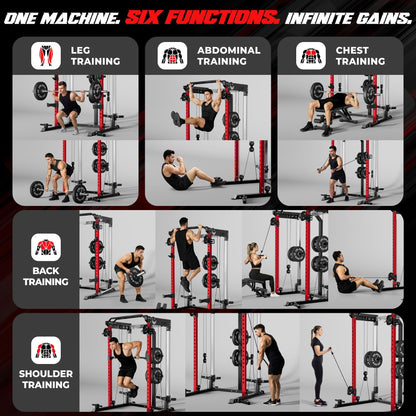 JELENS C21 Power Cage, 2000LBS Multi-Function Power Rack with Independent Dual Pulley System, All-in-One Squat Rack for Cable Crossover, Home Gym Workout Machine (Red, C21 Power Cage)
