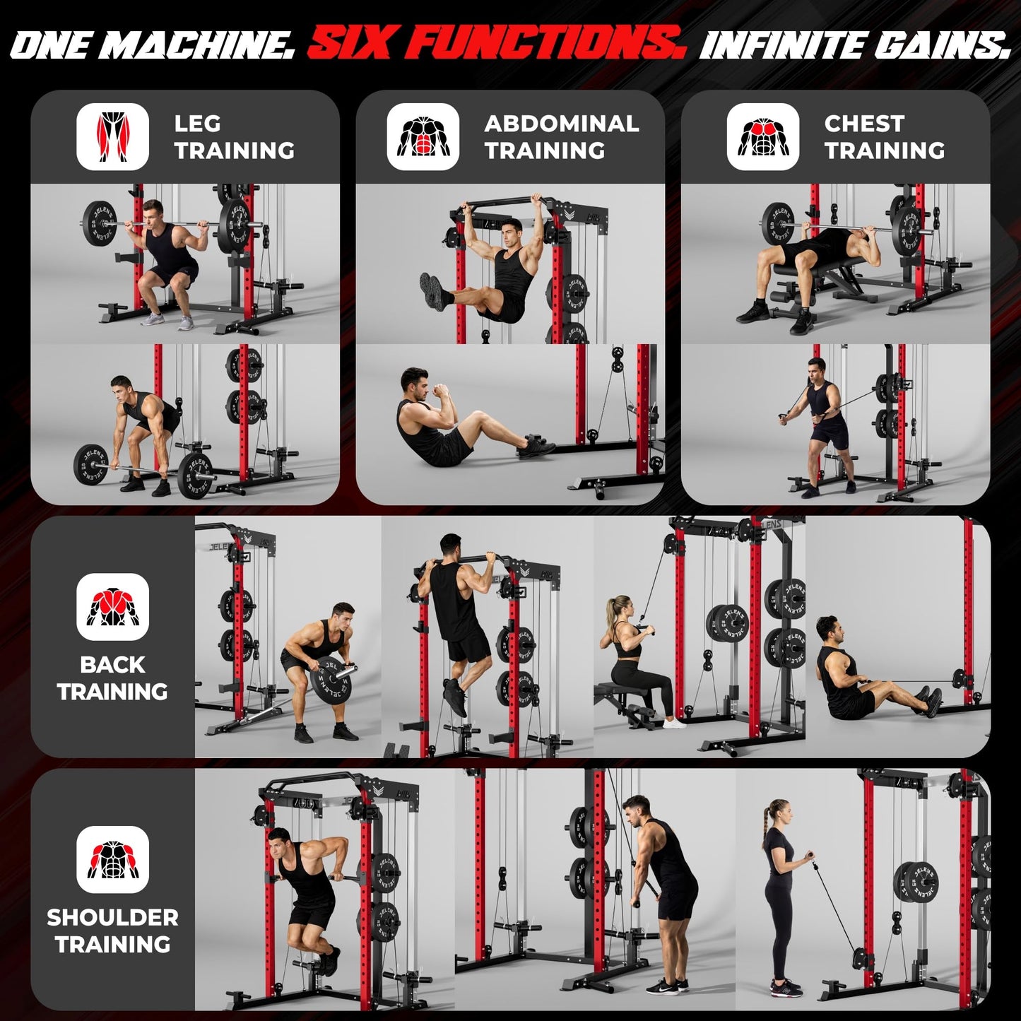 JELENS C21 Power Cage, 2000LBS Multi-Function Power Rack with Independent Dual Pulley System, All-in-One Squat Rack for Cable Crossover, Home Gym Workout Machine (Red, 230LB Black Weights)
