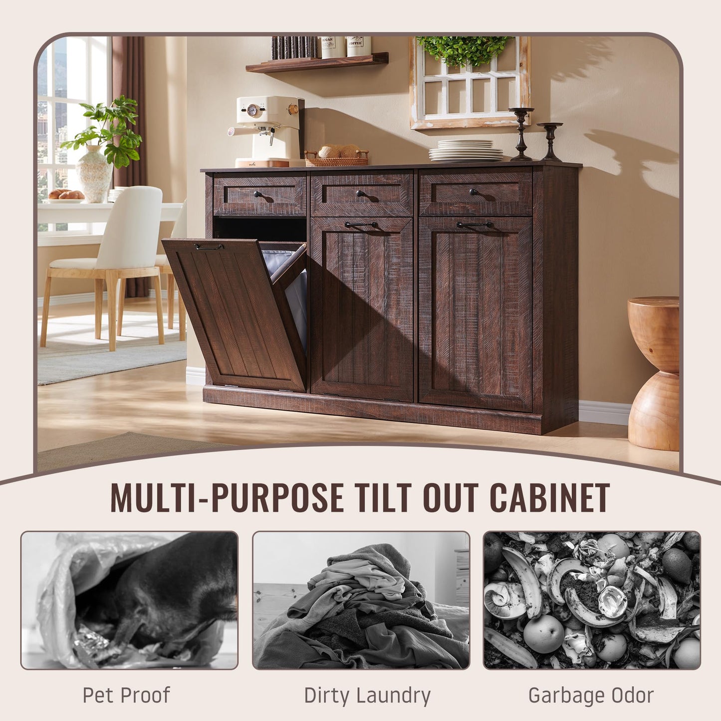IFBUY Triple Tilt Out Laundry Hamper Cabinet, 20 Gallon Farmhouse Trash Can Cabinet w/Drawer & Adjustable Shelf, Hidden Garbage Can Bin Cabinets w/Laundry Basket for Bathroom, Kitchen (Brown)